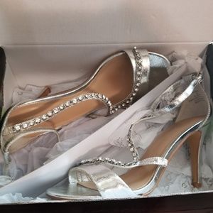 Thalia brand- Silver and rhinestoned strappy heels